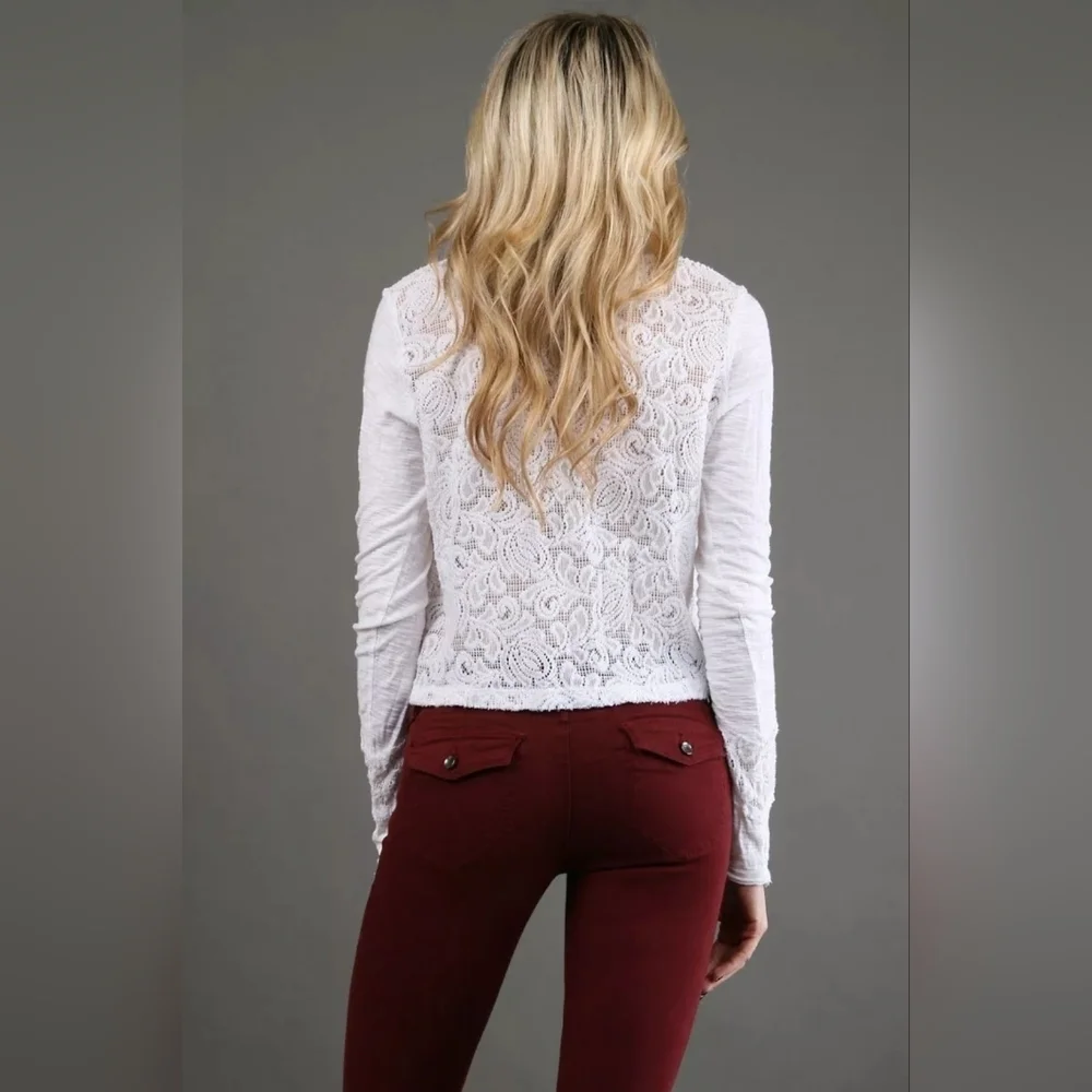 Free People Geo Floral Lace Inset Lightweight Long Sleeve Crop Top